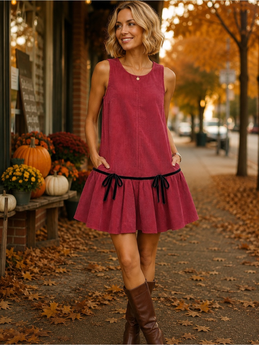 Women's Sleeveless Raspberry Drop-Waist Dress with Bow Detail - 596